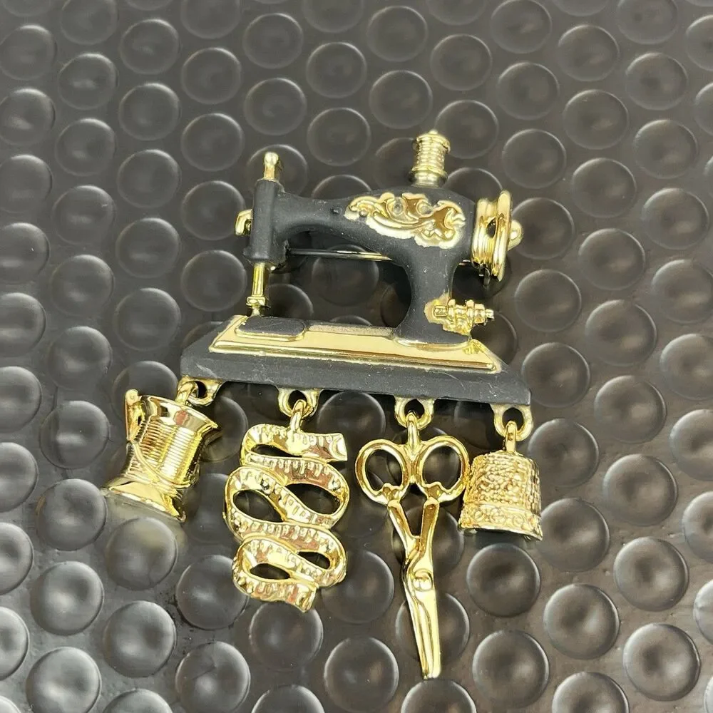 Vintage AJC Sewing Machine Brooch Pin Gold Tone Dangle Charms Scissors Thimble